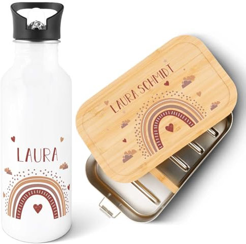 GRAVURZEILE - Bedruckte Trinkflasche & Brotdose Set - Regenbogen Rot - Personalisiert mit Namen - Edelstahl Trinkflasche 600 ml, Brotdose mit Deckel - Geschenk zur Einschulung für Jungen & Mädchen