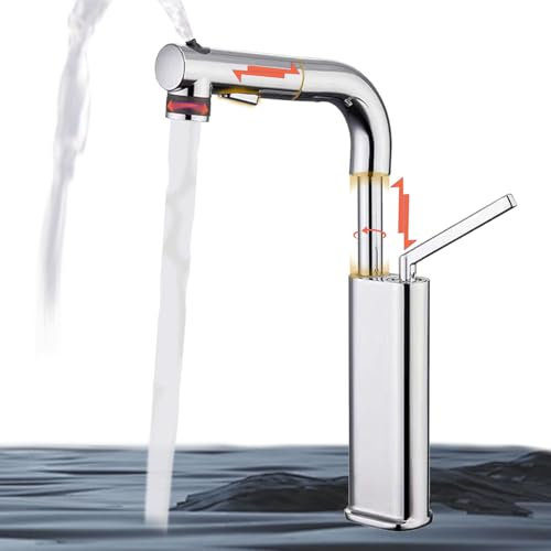 Miscelatore Monocomando con Doccetta Estraibile, Flessibile Bagno a Tre modalità di Sollevamento Telescopico Miscelatore, Rubinetto per Lavabo Alto per Bagno e Cucina, Girevole a 360°