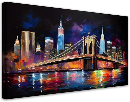 Feeby Leinwand Bilder - Bild Wohnzimmer - Stadt Abstrakt Brücke New York - 120x60 1tlg - Deko Schlafzimmer Groß - Dekoration Canvas - Gemälde - Modern Wandbilder - Kunstdruck