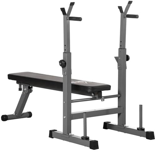 HOMCOM Panca da Palestra Pieghevole con Supporto per Bilanciere Regolabile in 8 Posizioni, Panca Pesi in Acciaio e PU per Palestra Casa, Portata 150 kg, 140x73x98-122 cm, Grigio