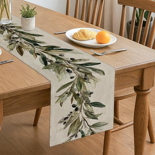 Tischläufer mit Olivenzweig, rustikales Grün, botanisches Bauernhaus, Esszimmer, Dekoration für herbstliche Familienfeiern und saisonale Feiern, 33 x 183 cm