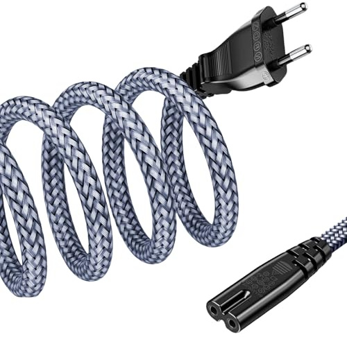 Stromkabel 2 Polig, 5m Netzkabel Stromkabel, Eurostecker (CEE 7/16 auf C7), Nylon-Geflecht Universale Kleingerätekabel mit VDE für PS5 PS4 PS3 Xbox Serie X/S,TV Blu-Ray -Grauschwarz