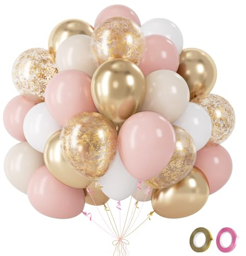 Fairymaiden Palloncini Rosa e Bianchi - 60 Pezzi Palloncino Beige Rosa e Dorati, Palloncini Elio Per Ragazza Decorazioni Compleanno Fidanzamento Baby Shower Matrimonio Anniversario Laurea, 12 Pollici