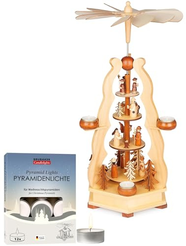 BRUBAKER Weihnachtspyramide inkl. 12er Pack Pyramiden-Teelichter - 55 cm große Teelichtpyramide mit Könige, Sternsinger, Maria, Josef & Jesus - Tischpyramide für Weihnachten - Handbemalt