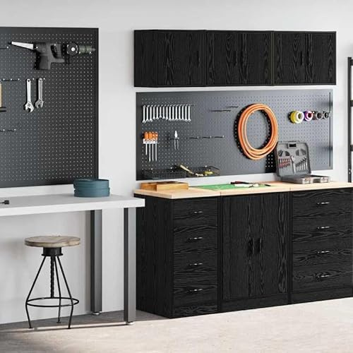 Eleganz Lot de 2 armoires de garage en bois noir - Plan de travail en pin massif, robustes et durables pour le stockage commercial