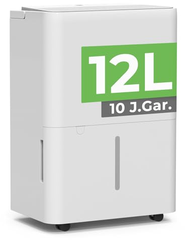 Luftentfeuchter elektrisch 12 L, Entfeuchter elektrisch, Luftentfeuchter Keller für Räume bis zu 122 m³/25 m², Raumentfeuchter elektrisch 35 dB mit Ablaufschlauch, Filter, Timer, 10 J. Gar.