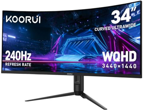 KOORUI Monitor curvo ultra ampio da 34, 240 Hz, WQHD 3440 × 1440, schermo immersivo 1500R, sincronizzazione adattiva, 1ms, DIC-P3 98%, HDR400, HDMI 2.1/DP 1.4, VESA, per gaming PC