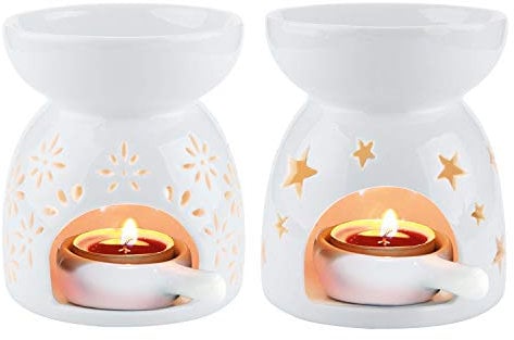 ComSaf Essential Oil Burners Set of 2, Ceramic Wax Melt Burners White Assorted Wax Tarts Holder Candle Scented Diffuser for Aroma Oil and Wax Melts Home Office, 90ml Capacity