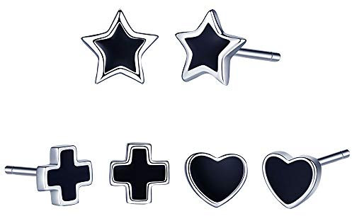 Yumilok 925 silber Damen Ohrstecker Ohrringe Ohrschmuck Set Basic 3 Paar in Herz Stern Kreu Schwarz für Frauen Männer Herren