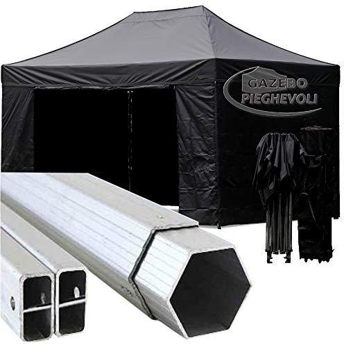 gazebopieghevoli_com Faltpavillon 4,5 x 3 m aus Aluminium, sechseckig, PVC-Beschichtung, mit Seitenwänden, Schwarz, 4,5 x 3 cm, zusammenklappbar, tragbar, ausziehbar