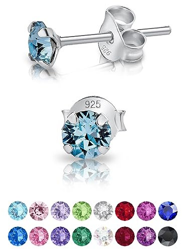 DTPsilver - Winzige Ohrringe 925 Sterling Silber mit Kristallen von Swarovski® Elements Runde Sehr kleine Ohrstecker - Durchmesser 4 mm - Farbe : Aquamarin