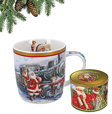 CARMANI - Christmas Collection - Christmas Mug, Festive Porcelain Mug in tin Box - Santa Claus, Christmas Tree - 400ml