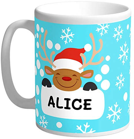 Taza Navidad personalizable con nombre para regalar. Regalo original taza de cerámica temática Navidad para personalizar con texto. Diseño azul con copitos de nieve y reno (33cl)