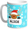 Taza Navidad personalizable con nombre para regalar. Regalo original taza de cerámica temática Navidad para personalizar con texto. Diseño azul con copitos de nieve y reno (33cl)