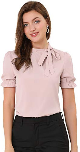 Allegra K Femmes Chemises Col Nœud Papillon Haut Chemisier Élégant Manches Courtes pour Bureau Halloween déguisement Rose S