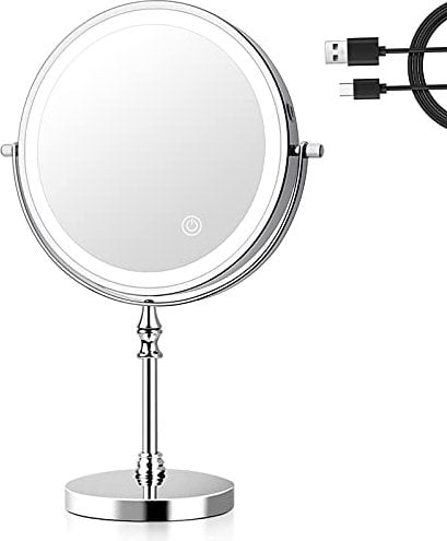 UUCOLOR Wiederaufladbar Kosmetikspiegel mit Beleuchtung, 1X/10X Vergrößerung, 3 Lichtfarben und Helligkeit Einstellbar Schminkspiegel, 360° Schwenkbar Doppelseitiger LED Makeup Spiegel