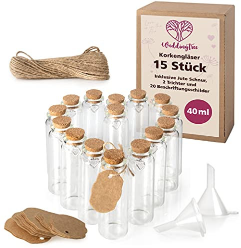 WeddingTree 15 Petite Bouteille en Verre 40ml - Tube a Essai pour Les Mariages - Petite Fiole en Verre - Set avec Liège et Pendentif en Forme de Coeur - comme Cadeau de Cariage, Bocal à Épices