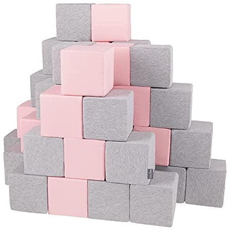 KiddyMoon Schaumstoff Würfel 14 cm Weiche Blöcke 48 Stücke Für Kinder Softbausteine UE, Blöcke: Hellgrau-Pink