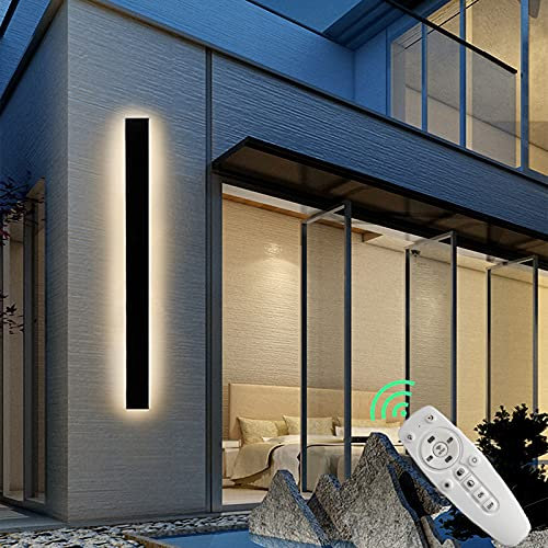 Außenwandleuchte LED Wandlampe mit Fernbedienung Dimmbar Wasserdichte IP65 Moderne Außenleuchte Lang Streifen Wandleuchte Schwarz Außenlampe Garten Front Badezimmer Veranda Garage Wandspots,100cm 78w