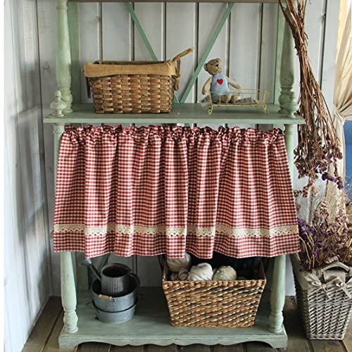 WRMING Landhausstil Küche Scheibengardine Rot Kariert Design Blickdicht Vintage Bistrogardine Café Bistro Küchenvorhang Fensterdekorationen kurz Vorhänge, 1 Stück,W x H 130x40cm