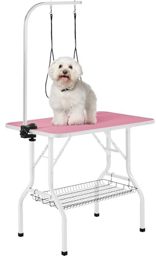 Yaheetech 36'' Adjustable Dog Grooming Table For Dogs/Cats w/Basket/Noose Tools Storage Rack Stainless Steel Arm Frame, Pink