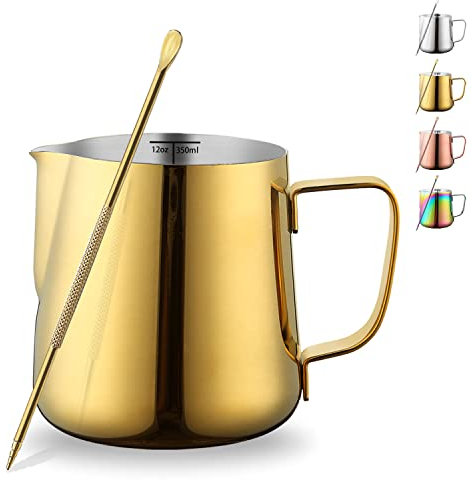 Milk Jug 12oz 350ml, Kyraton Stainless Steel Espresso Steaming Pitchers with Decorating Pen, Milk Coffee Frother Cups Cappuccino Latte Art Barista Steam Pitchers Milk Jug Cup (Gold)