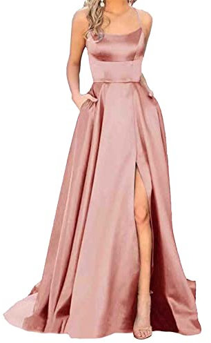 HAHAEMMA Damen Elegant Lange Ballkleider mit Taschen Satin A-Linie Backless Hochzeitskleid Abendkleider Sexy Neckholder Spaghetti Brautkleid Kleider Lang Prinzessin Brautjungfer Kleid (PI-XS)