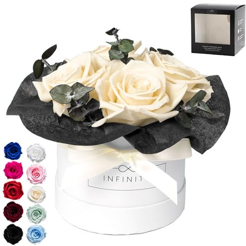 Infinity Flowerbox - Eucalyptus Bouquet in Beige - Konservierte Rose in Geschenkbox, blüht 3 Jahre ohne Wasser