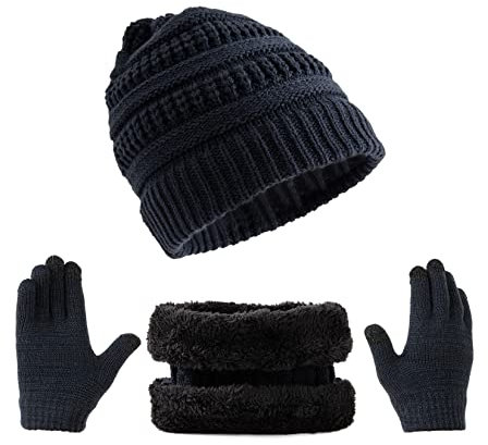 Tinncana 3-teiliges Winter-Mützen-Handschuh-Schal-Set für Kinder, Gestrickte Mütze für Kleinkinder, Touchscreen-Fäustlinge, Halswärmer für Jungen und Mädchen (Navy blau)