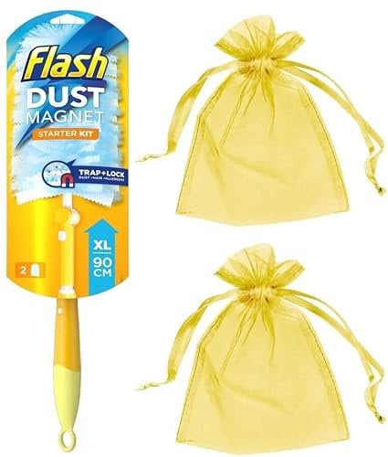 Flash Dust Magnet XL (Handle Extendable to 90cm), Duster Starter Kit Handle & Refills + Our Gift for You: 2 x Organza Bag Size 9x7x0.1cm