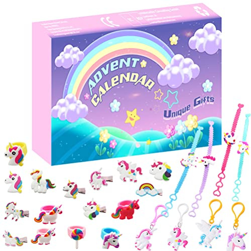Zhangpu Einhorn Adventskalender 2022, 24 teiliger Haarschmuck, Cartoon Haarspangen, Armbänder, Weihnachtsgeschenkideen, perfekte Einhorngeschenke für Mädchen in Dieser Weihnachtszeit
