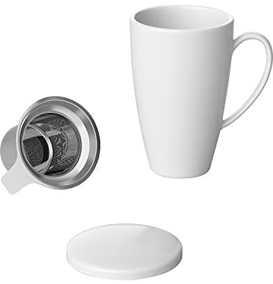 INTIRILIFE Multifunktionale Porzellan Kaffeetasse Teetasse mit Deckel und Teeaufgießer in Weiß mit 350 ml Füllmenge - Für leckeren Kaffee- und Teegenuss wann immer Sie möchten