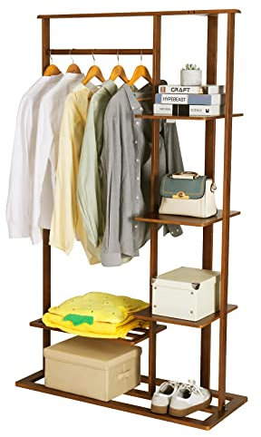 unho Portant à Vêtements en Bois: Penderie Vetements Solide pour Chambre Adulte Porte-Vêtement Sur Pied Multifonctionnel Armoire Ouverte à 4 Étagères pour Entrée Dressing Salon