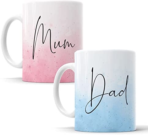 Mum and Dad Watercolour Mugs for New Parents Mummy and Daddy, Mother, Father, Gift, Present (Mum & Dad Mug Set)