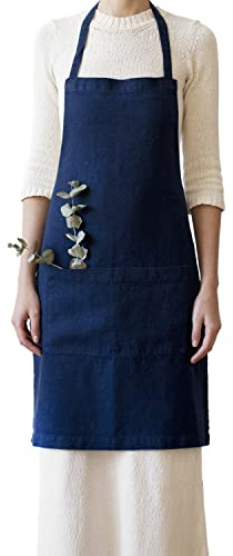 My Linen Home Leinen Kittelschürze aus 100% Stonewashed Leinen, Verstellbare Koch- und Küchenschürze für Damen und Herren mit Zwei Taschen