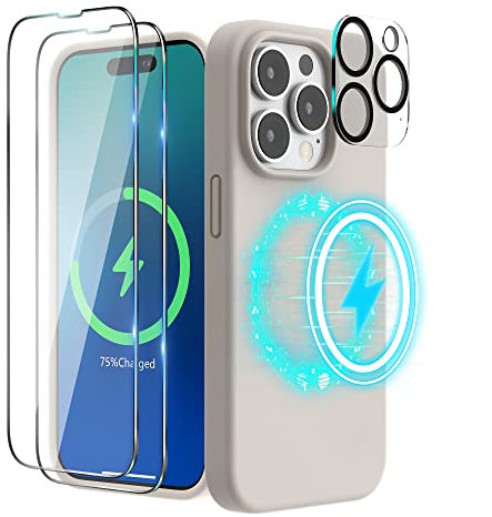 SURPHY Magnetic Case Designed for iPhone 14 Pro Case, Liquid Silicone with 2 Pack Screen Protector + 1 Pack Camera Lens Protector, Compatible with MagSafe for iPhone 14 Pro 6.1 inch, Stone