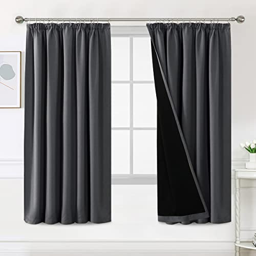 BellaHills 100% Blackout Curtains for Bedroom Thermal Insulated Curtains & Drapes Blackout Curtains Pencil Pleat Curtains for Living Room with Black Liner 2 Panels, 66 x 72 Inch, Charcoal Grey
