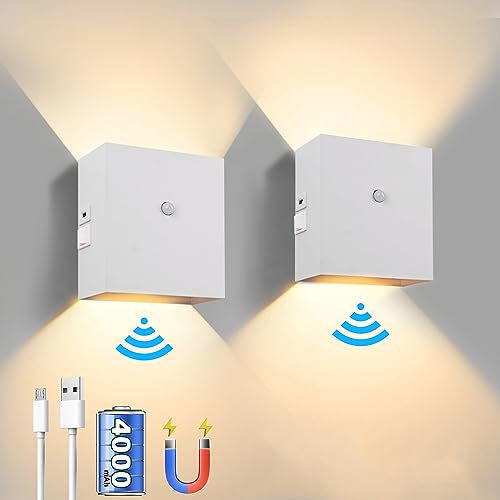 Aufladbare Wandleuchte mit Bewegungsmelder, Innen LED Wandlampe Batteriebetrieben mit Schalter,6W 4000mAh Akku Wandbeleuchtung Magnetische Aluminium Wandlampe Flurlampe für Schlafzimmer Wohnzimmer