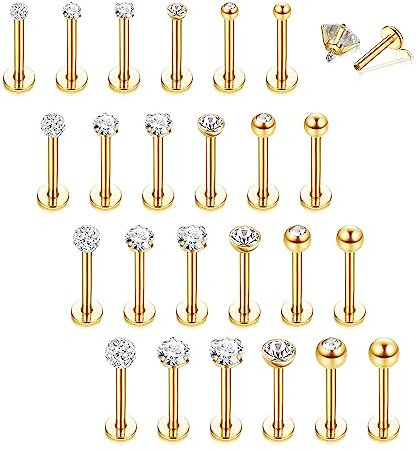 LOLIAS 24 Stück 16G Ohr Piercing Lippenpiercing Labret Stecker Set Helix Piercings Chirurgenstahl Labret Piercing Nasenpiercing Tragus Knorpel Piercing Stern Herz CZ Helix Piercing Ohrringe
