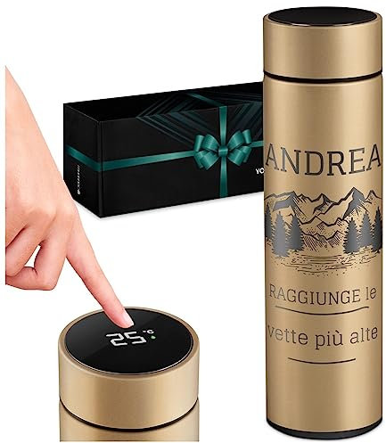 Maverton Thermos caffè 450 ml - tazza termica incisione personalizzata in acciaio inox - thermos coperchio ermetico one-touch - borraccia con display led - per uomo - gold - Montagna