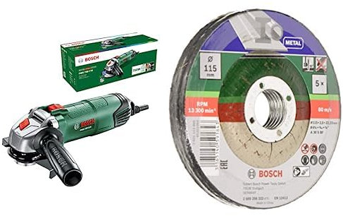 Bosch Home and Garden Amoladora angular PWS 750-115 de Bosch (750 W, diámetro de disco: 115 mm, en caja) + Juego de 5 discos de tronzar, acodado para metal