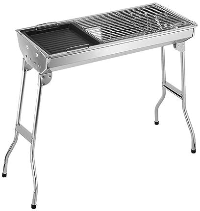 Barbecue À Charbon De Bois Inox, Barbecue À Charbon Pliable Portable BBQ Grill Sur Pied Avec Étagères + Grille + Plaque Cuisson Pour 5-10 Personnes