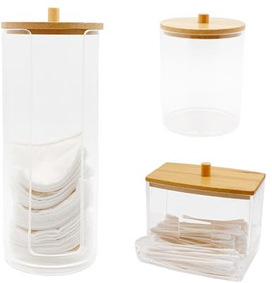 CiciIng 3 recipientes para bastoncillos de algodón y dispensador de almohadillas de algodón y cilindro multiusos con tapas de bambú, caja transparente para palillos de oído, almohadillas de algodón,