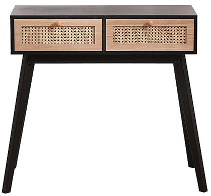 Homeke Modern Ratten Console Table Hallway Table Storage Table Desk with 2 Drawers for Hallway,Bedroom,Office (black frame design)