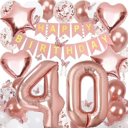 Rose Gold 40th Birthday Decorations - 40 Inch Number 40 Foil Balloons, Happy Birthday Banner and Butterfly Stickers