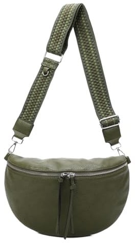ITALYSHOP24 Damen Tasche Crossbody Schultertasche Gürteltasche Messenger-Tasche Hüfttasche Bauchtasche Umhängetasche Cross-Over Bodybag Handytasche Leder Optik Olivgrün