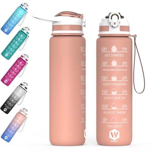 WHIPY 1L Water Bottle with Straw - Leak-Proof & BPA Free Reusable Sports Bottle - Motivational Time Markings for Hydration Durable Drink Bottle for Gym, Sports, Outdoor, Cycling, School (Pink)