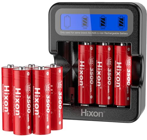 Hixon 1,5V Lithium AA Akku, Neue Niederspannungs-Erinnerungsfunktion, 3500mWh 1,5V Konstantleistung, 8 Stücke Wiederaufladbare Lithium AA Batterien mit LCD-Display-Ladegerät