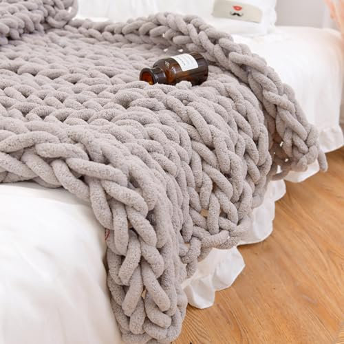 Dazzluxe Chunky Knit Blanket Throw, Soft Chenille Yarn Throw Blanket, Handmade Thick Cable Knit Crochet Blanket, Large Knit Chunky Throw Blanket for Couch Home Decor,Light Brown,60 * 60 cm