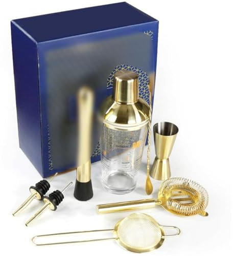 Coctelera de cristal de acero inoxidable, juego de coctelera dorada, coctelera de cristal de 9 piezas
